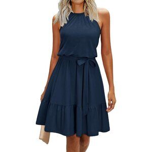 🆕Women's Navy Polyester Halter Dress Casual Sleeveless Ruffle Sundress